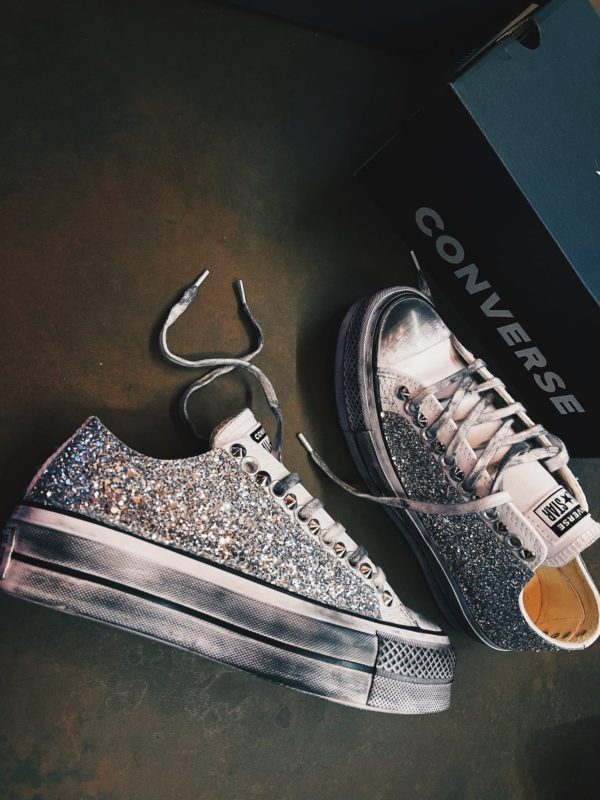 Converse Platform Low White Leather Glitter Silver