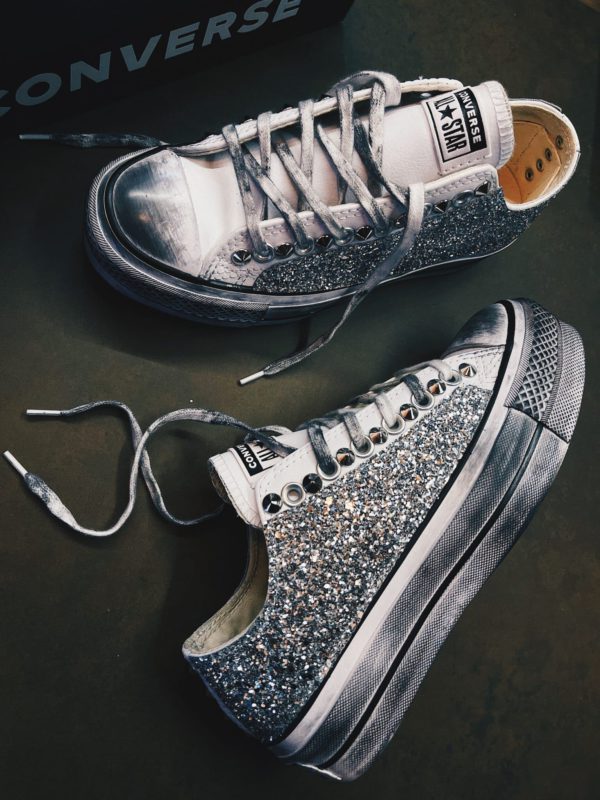 Converse Platform Low White Leather Glitter Silver