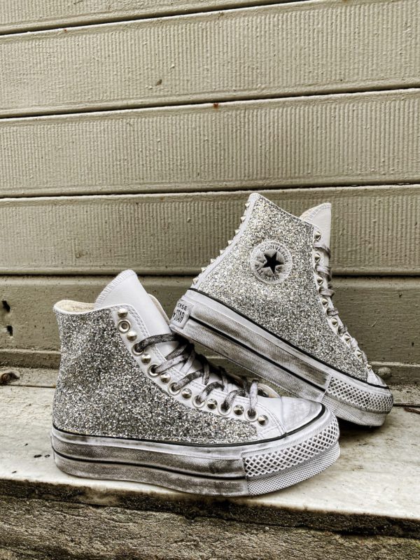 Converse Platform High Leather White Glitter Silver