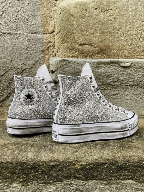 Converse Platform High Leather White Glitter Silver
