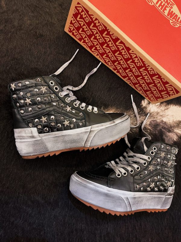 Vans Sk8-Hi Platform Leather Stacked Black Studs And Stars