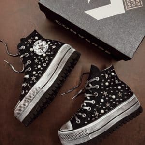Converse Platform High Trek Black Studs Stars Pearls
