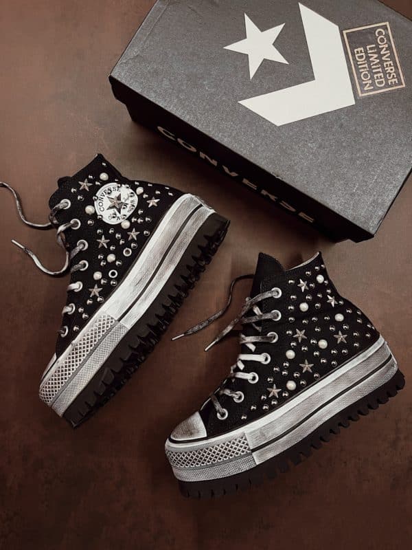 Converse Platform High Trek Black Studs Stars Pearls